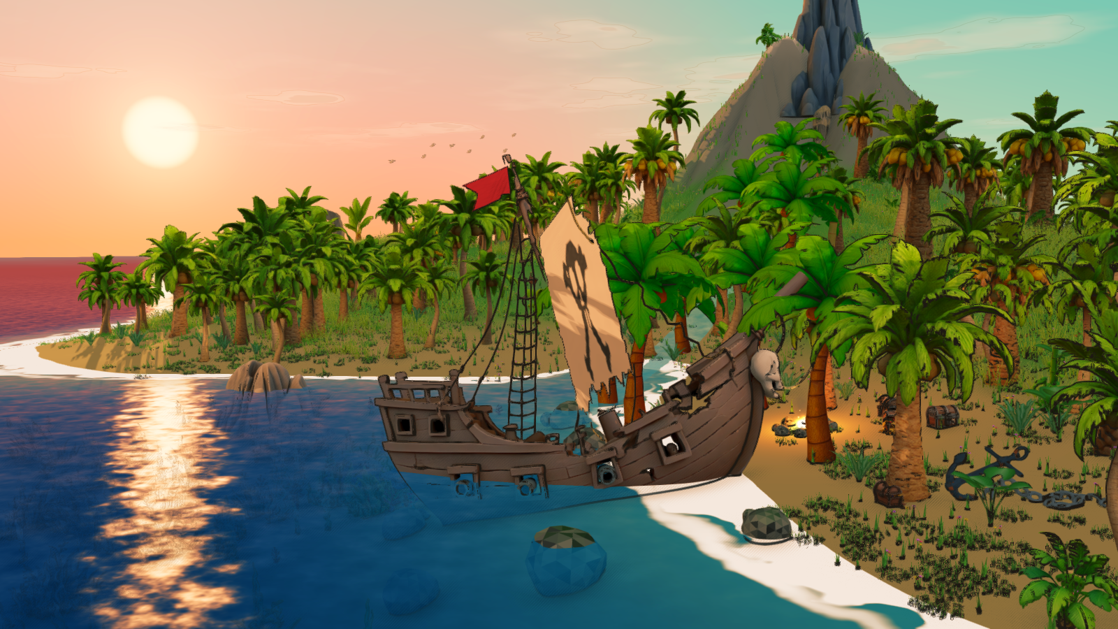 Stylized cartoon pirate island at sunset rendered in Kapi: a moored pirate ship, palm-covered headland, soft volumetric clouds, and a low-sun sky &mdash; from realistic to cartoon styles; Kapi does not limit your artistic expression and can display any style. There is no &ldquo;Kapi look&rdquo; baked in.